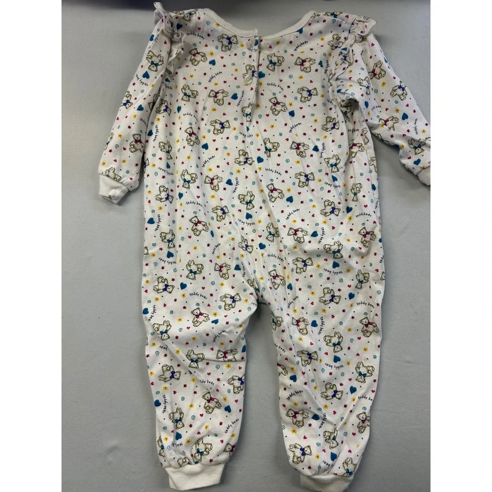 Vintage Little Lindsey Teddy Bear Print Footless Sleeper Pink Bow Ruffle 18M